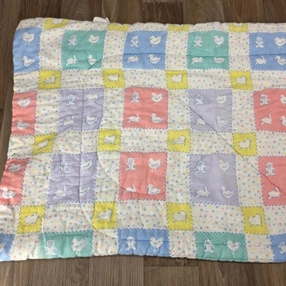 Vintage Pastel Baby Blanket Patchwork Bunny Bear Lamb Duck Nursery 33x40